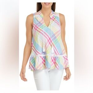 Crown & Ivy M linen sleeveless peasant peplum tassel blouse summer plaid boho